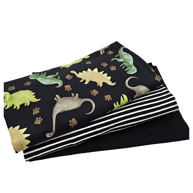 Jersey Stoffpaket Dinosaurier schwarz und Streifen mit Bündchen