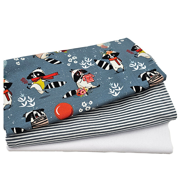 Jersey Stoffpaket Waschbären und streifen mit Bündchen weiß