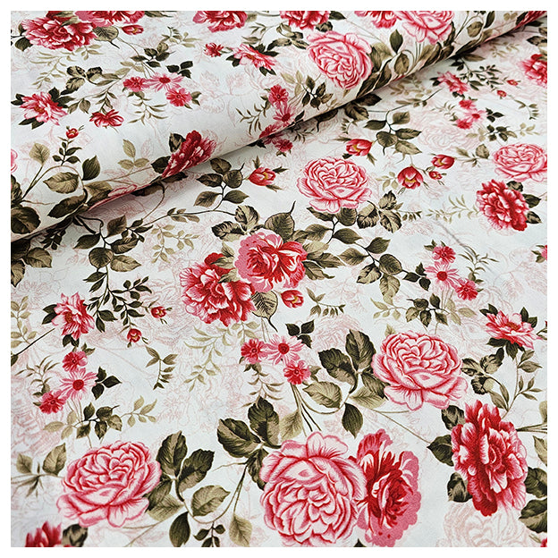 Baumwollsatin Siena Blumen altrosa, rot und grün