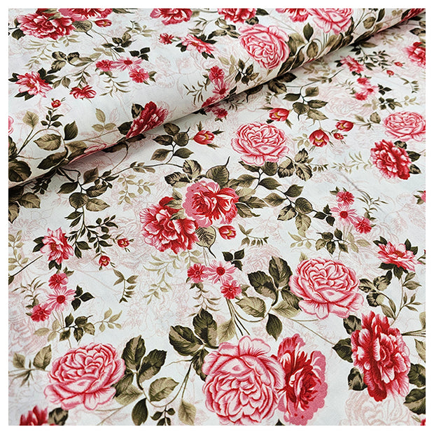 Baumwollsatin Siena Blumen altrosa, rot und grün