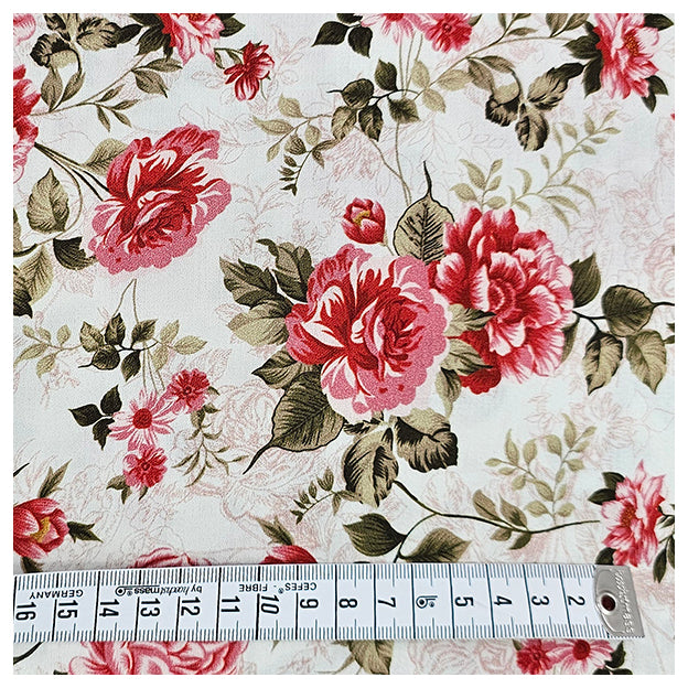 Baumwollsatin Siena Blumen altrosa, rot und grün