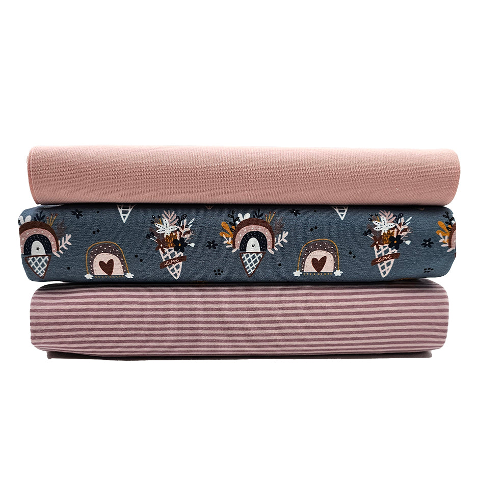 Jersey Stoffpaket Blumen, Regenbogen und Jersey streifen rosa mit Bündchen Bio