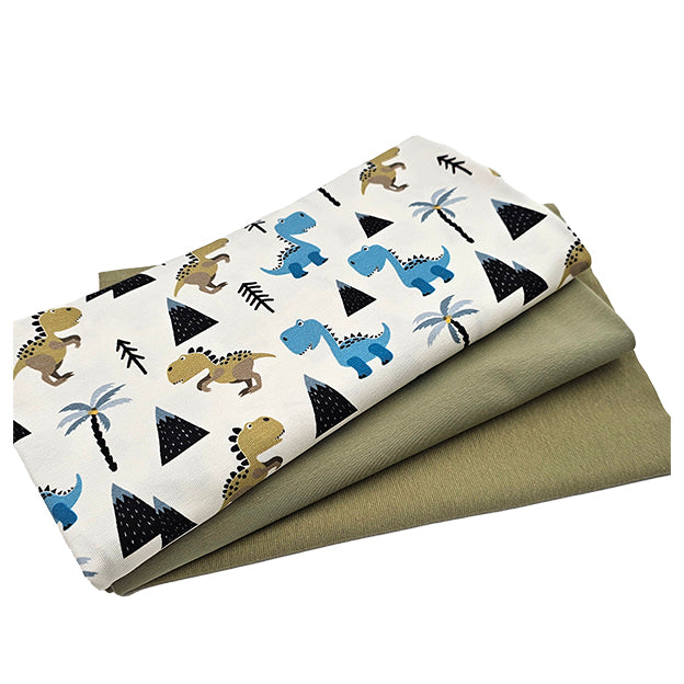 Jersey Stoffpaket Dinos naturweiß und uni lindgrün mit Bündchen