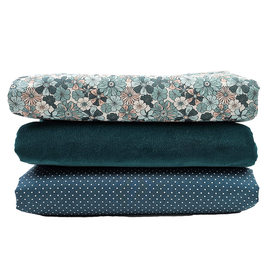 Trachten Stoffpaket petrol mit Babycord und Blumen Schürze