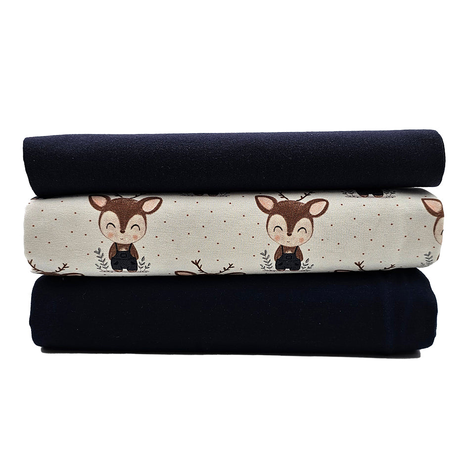 Jersey Stoffpaket Waldtiere Rehlein und uni navy mit Bündchen