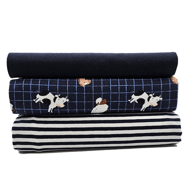 Jersey Stoffpaket Bauernhof und streifen marine mit Bündchen Bio