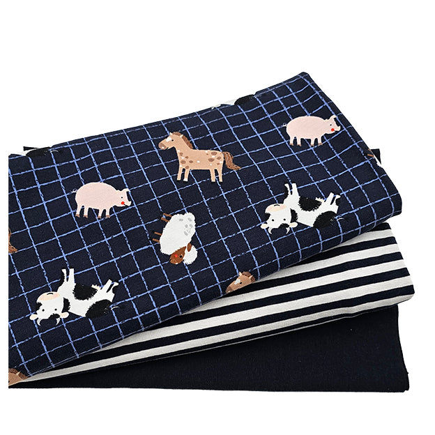 Jersey Stoffpaket Bauernhof und streifen marine mit Bündchen Bio
