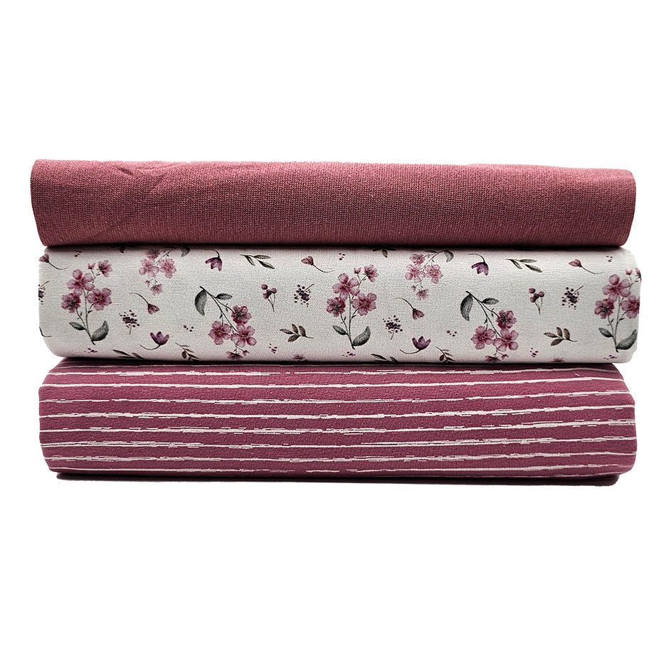 Jersey Stoffpaket Blumen und Streifen altrosa mit Bündchen