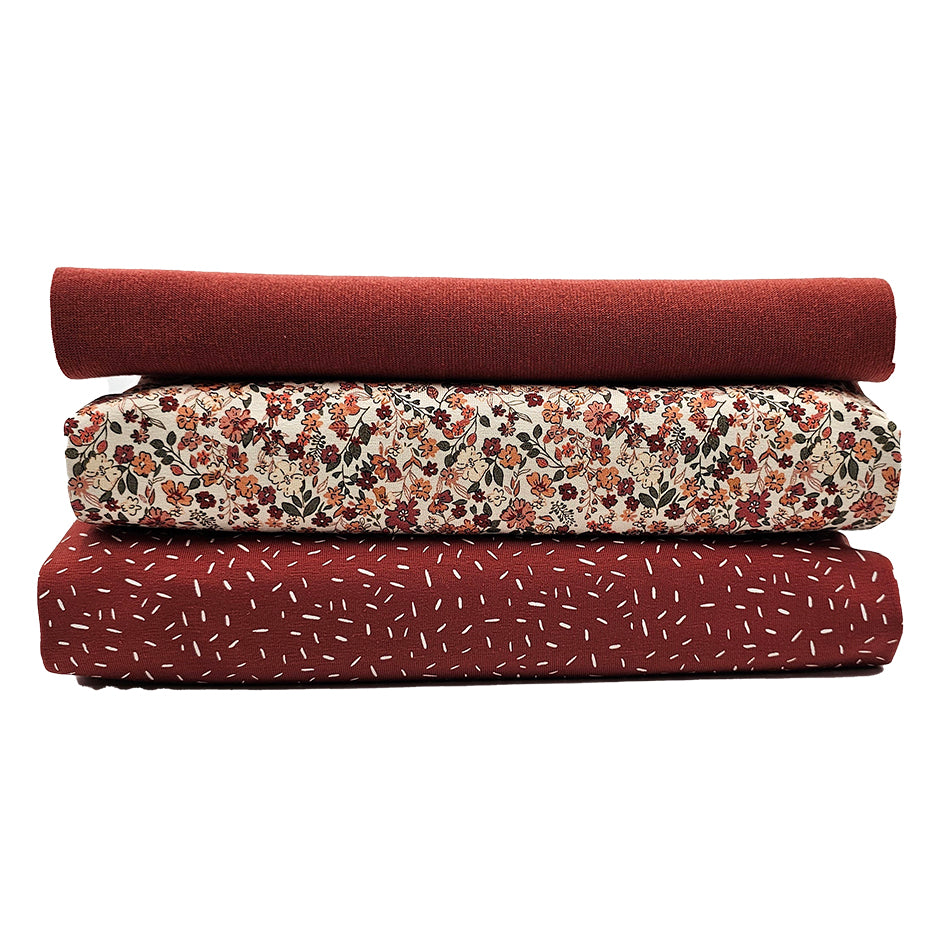 Jersey Stoffpaket kleine Blümchen und Confetti rost mit Bündchen