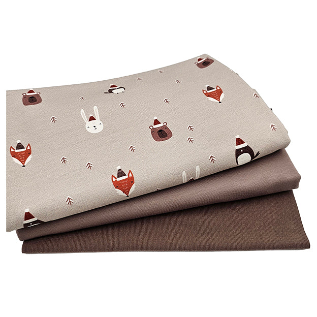 French Terry Stoffpaket Tiere und braun mit Bündchen