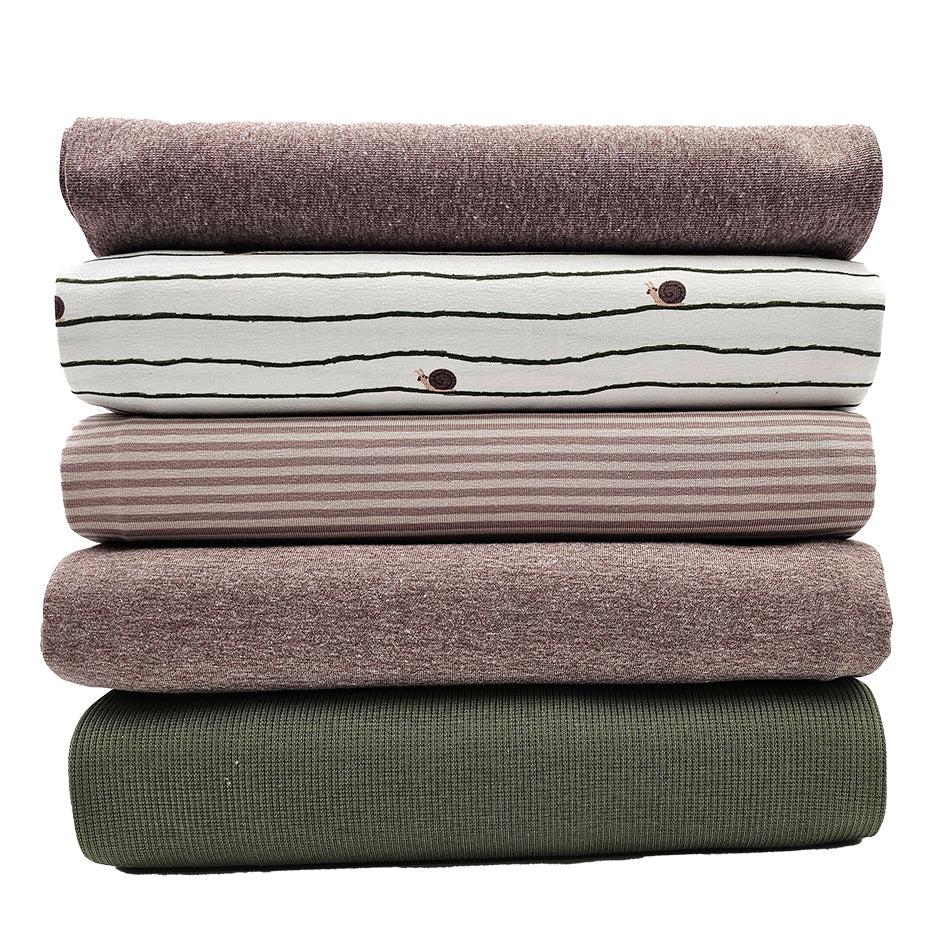 Stoffbox Jersey Schnecken mit Rippjersey tannengrün und Bündchen