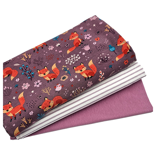 Jersey Stoffpaket Füchse mit Streifen flieder und Bündchen