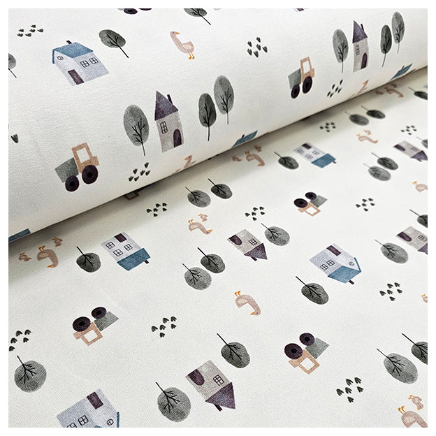 French Terry Digital Bauernhof wollweiß Bio