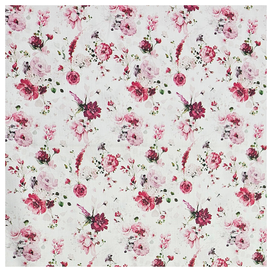 Baumwollsatin Rosen mit Pflanzen rosa