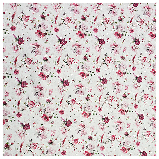 Baumwollsatin Rosen mit Pflanzen rosa