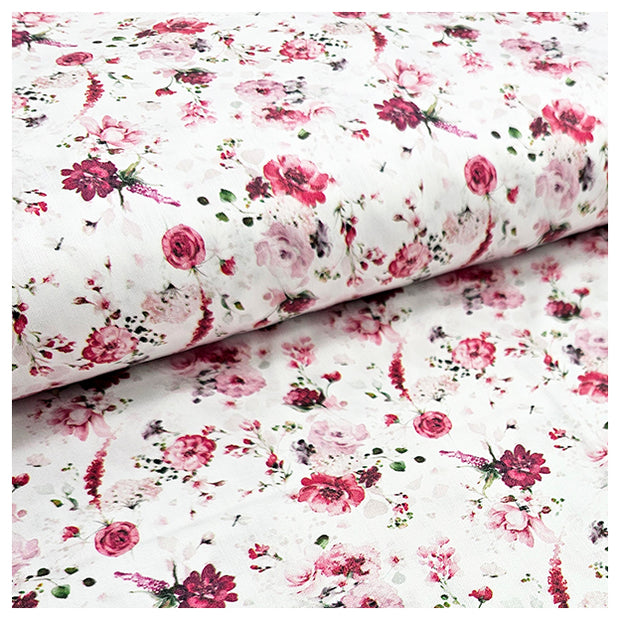 Baumwollsatin Rosen mit Pflanzen rosa