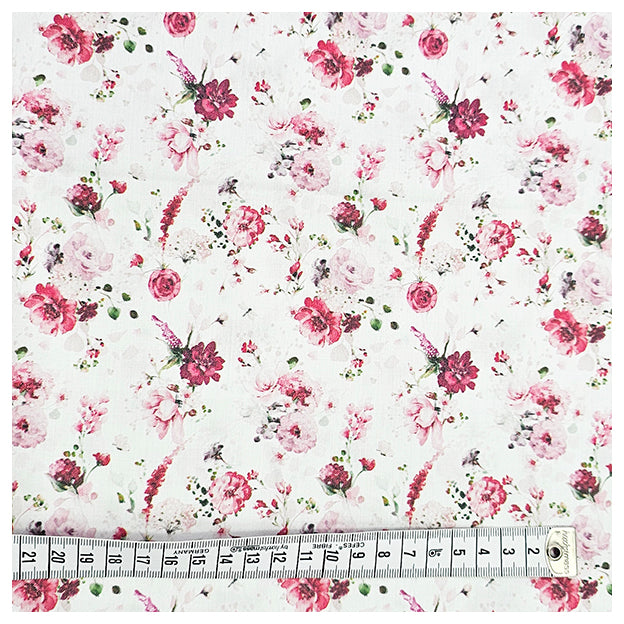 Baumwollsatin Rosen mit Pflanzen rosa