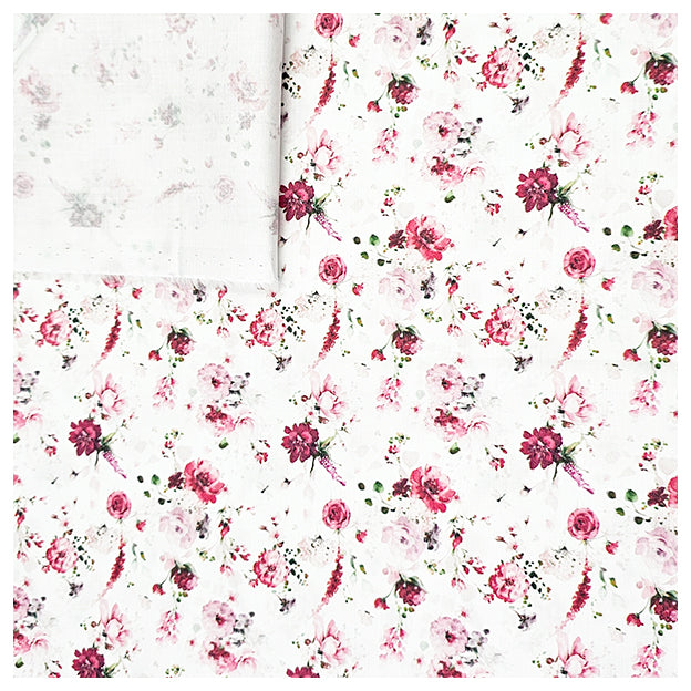 Baumwollsatin Rosen mit Pflanzen rosa