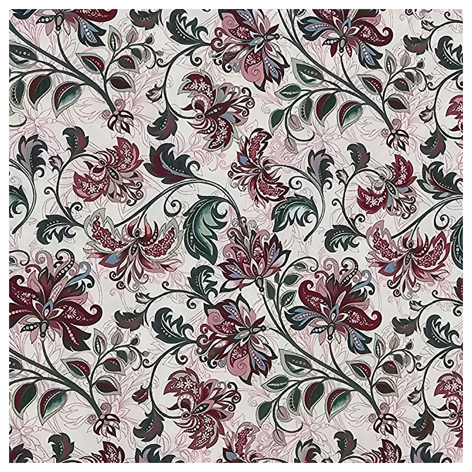 Baumwollsatin Siena Blumen grün, weinrot und rosa