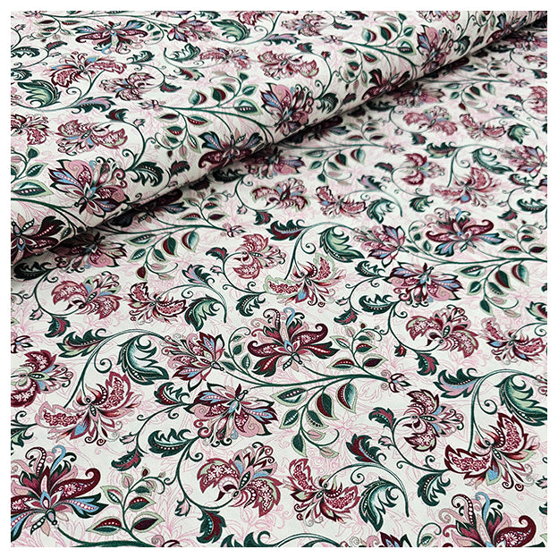 Baumwollsatin Siena Blumen grün, weinrot und rosa