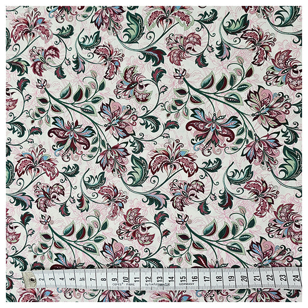 Baumwollsatin Siena Blumen grün, weinrot und rosa