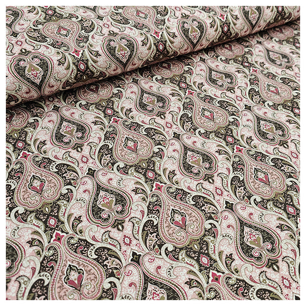 Baumwollsatin Siena Ornamente altrosa und olivgrün