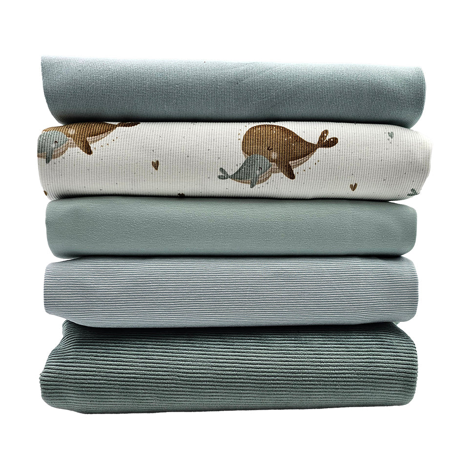 Stoffbox Rippjersey süßer Wal und Feincord Jersey mit Bündchen