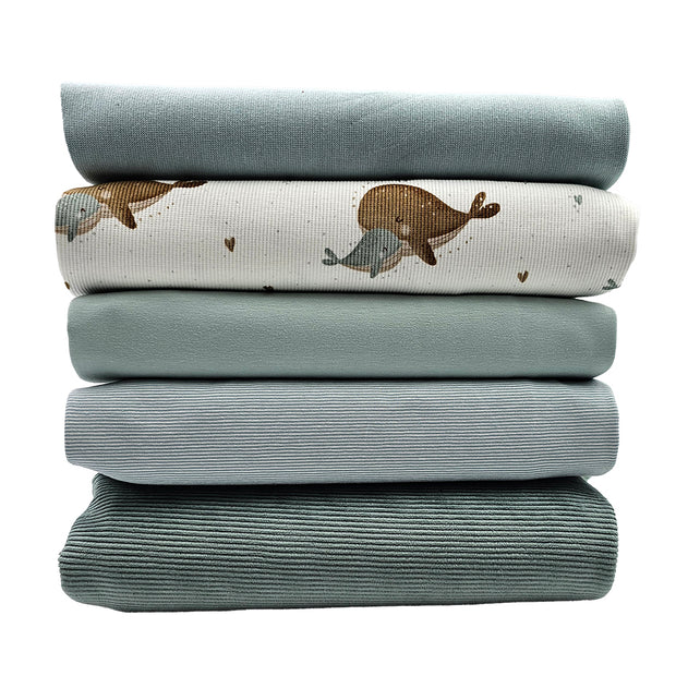 Stoffbox Rippjersey süßer Wal und Feincord Jersey mit Bündchen