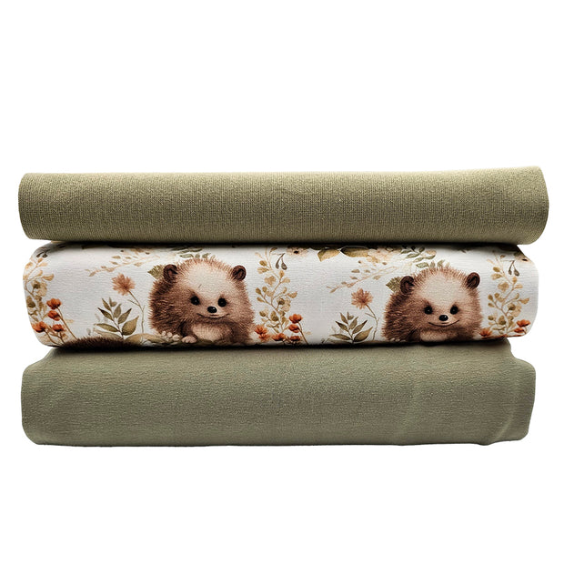 Jersey Stoffpaket Igel und uni lindgrün mit Bündchen