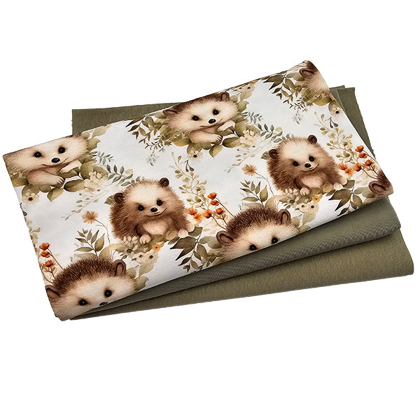 Jersey Stoffpaket Igel und uni lindgrün mit Bündchen