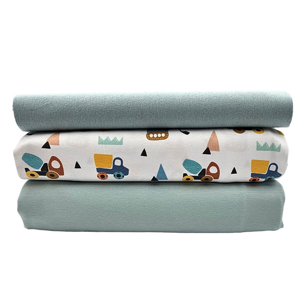 Jersey Stoffpaket Fahrzeuge und uni aqua Glass mit Bündchen