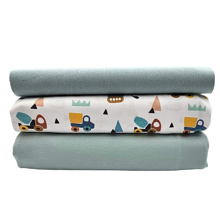 Jersey Stoffpaket Fahrzeuge und uni aqua Glass mit Bündchen