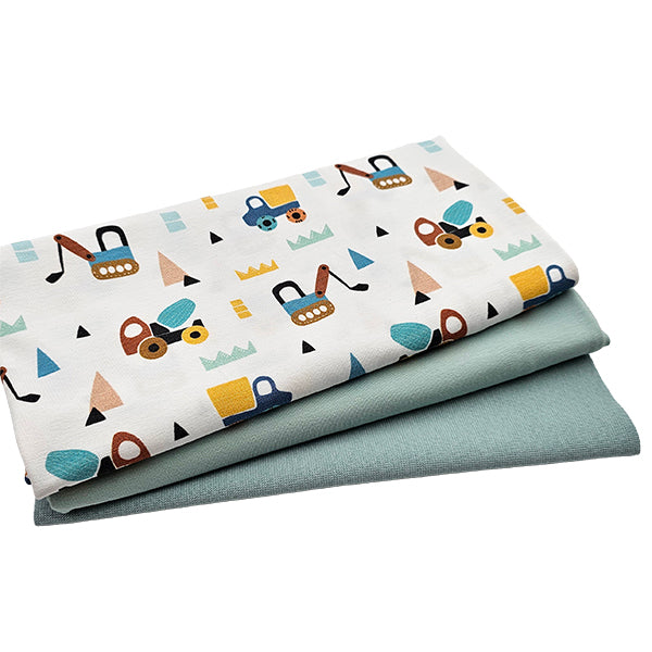 Jersey Stoffpaket Fahrzeuge und uni aqua Glass mit Bündchen