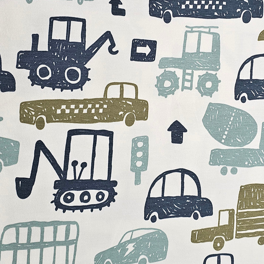 French Terry Stoffpaket  Fahrzeuge wollweiß und aqua Glass mit Bündchen