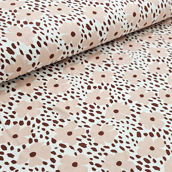 Jersey Blumen rosa, weinrot  und wollweiß