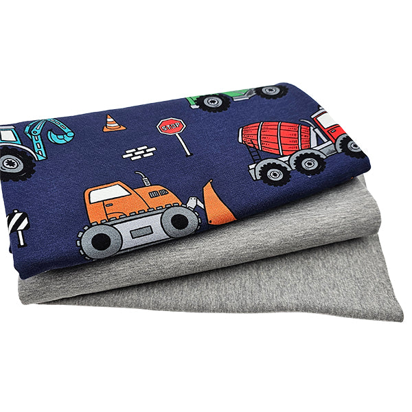 French Terry Stoffpaket  Fahrzeuge blau und hellgrau mit Bündchen