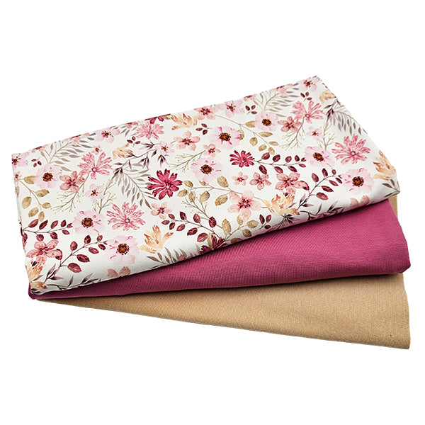 Jersey Stoffpaket Blumen Pastell rosa und uni mit Bündchen