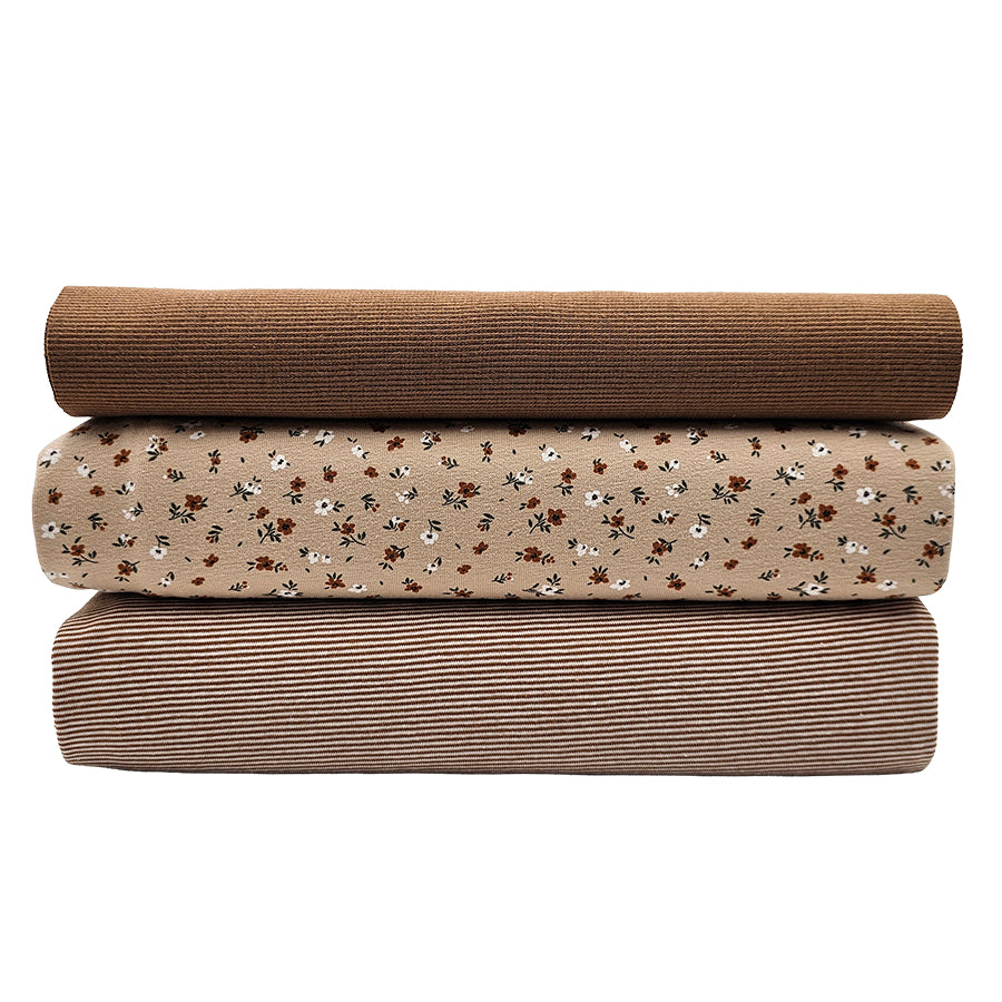 Jersey Stoffpaket Blumen beige und Streifen mit Bündchen