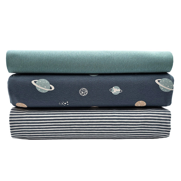 Jersey Stoffpaket Planeten indigoblau und streifen mit Bündchen Bio