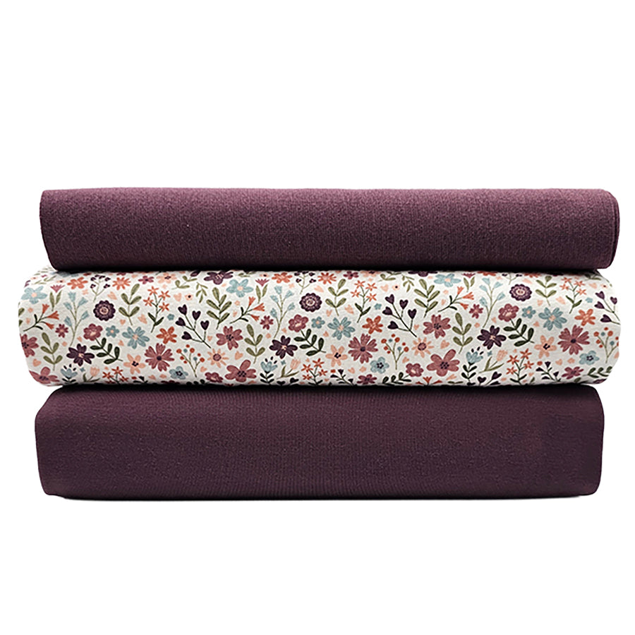 Jersey Stoffpaket bunte Blumen und uni aubergine mit Bündchen