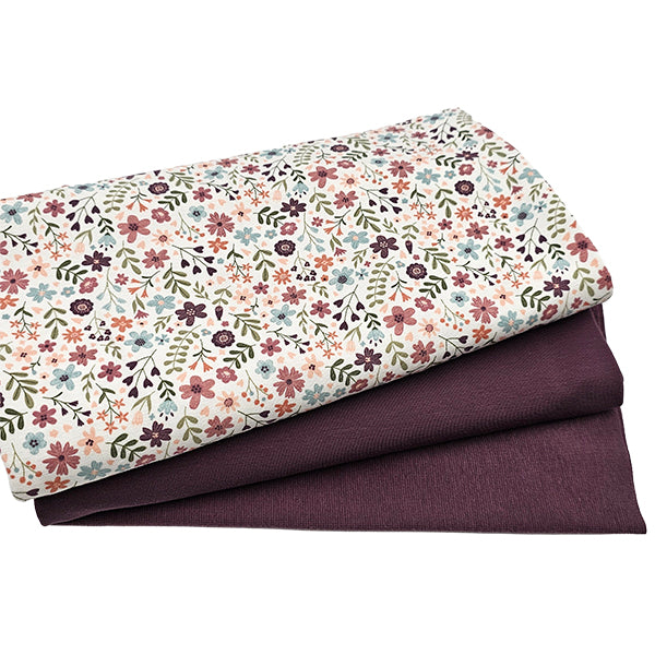 Jersey Stoffpaket bunte Blumen und uni aubergine mit Bündchen