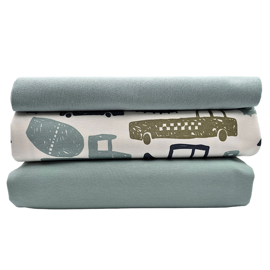 French Terry Stoffpaket  Fahrzeuge wollweiß und aqua Glass mit Bündchen