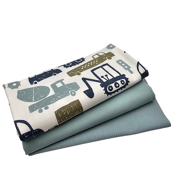 French Terry Stoffpaket  Fahrzeuge wollweiß und aqua Glass mit Bündchen