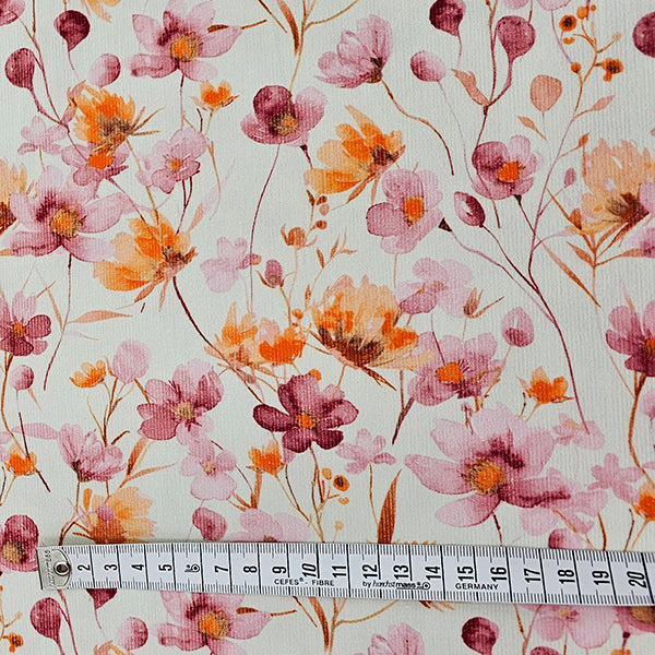 Babycord Blumen naturweiß, rosa und orange