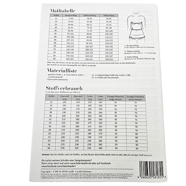 Papierschnittmuster Hemdjacke Damen Größe 32-58