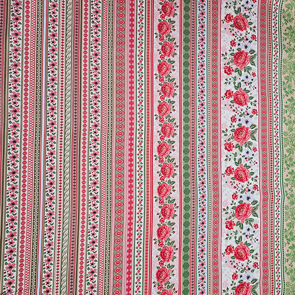 Baumwollsatin Siena Blumen und Streifen rot, sand und grün