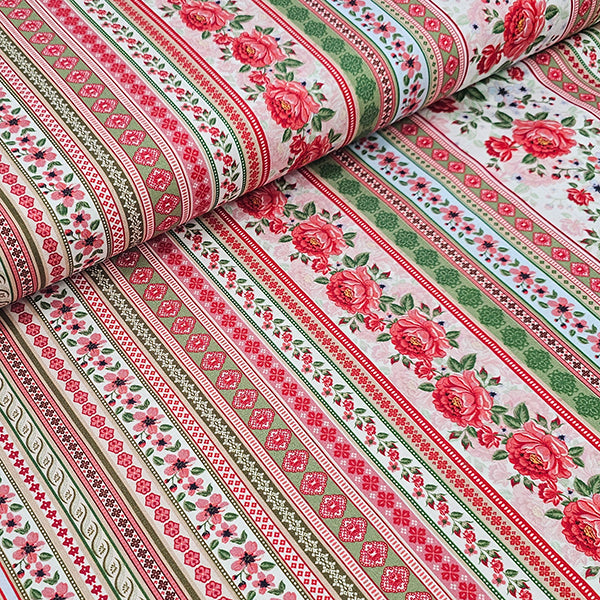 Baumwollsatin Siena Blumen und Streifen rot, sand und grün