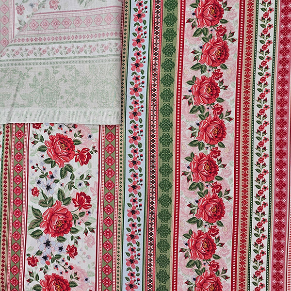 Baumwollsatin Siena Blumen und Streifen rot, sand und grün