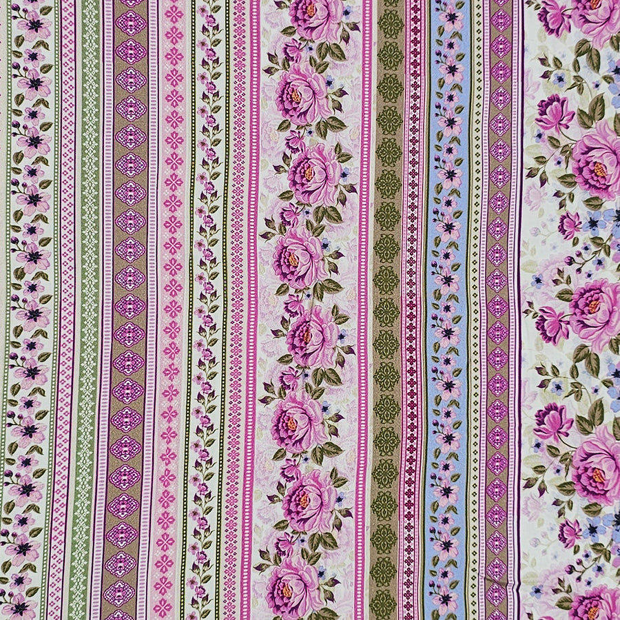 Baumwollsatin Siena Blumen und Streifen rosa, flieder und grün