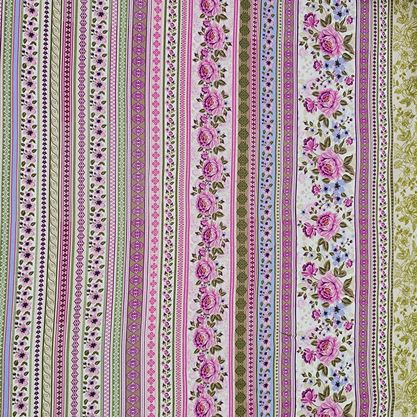 Baumwollsatin Siena Blumen und Streifen rosa, flieder und grün